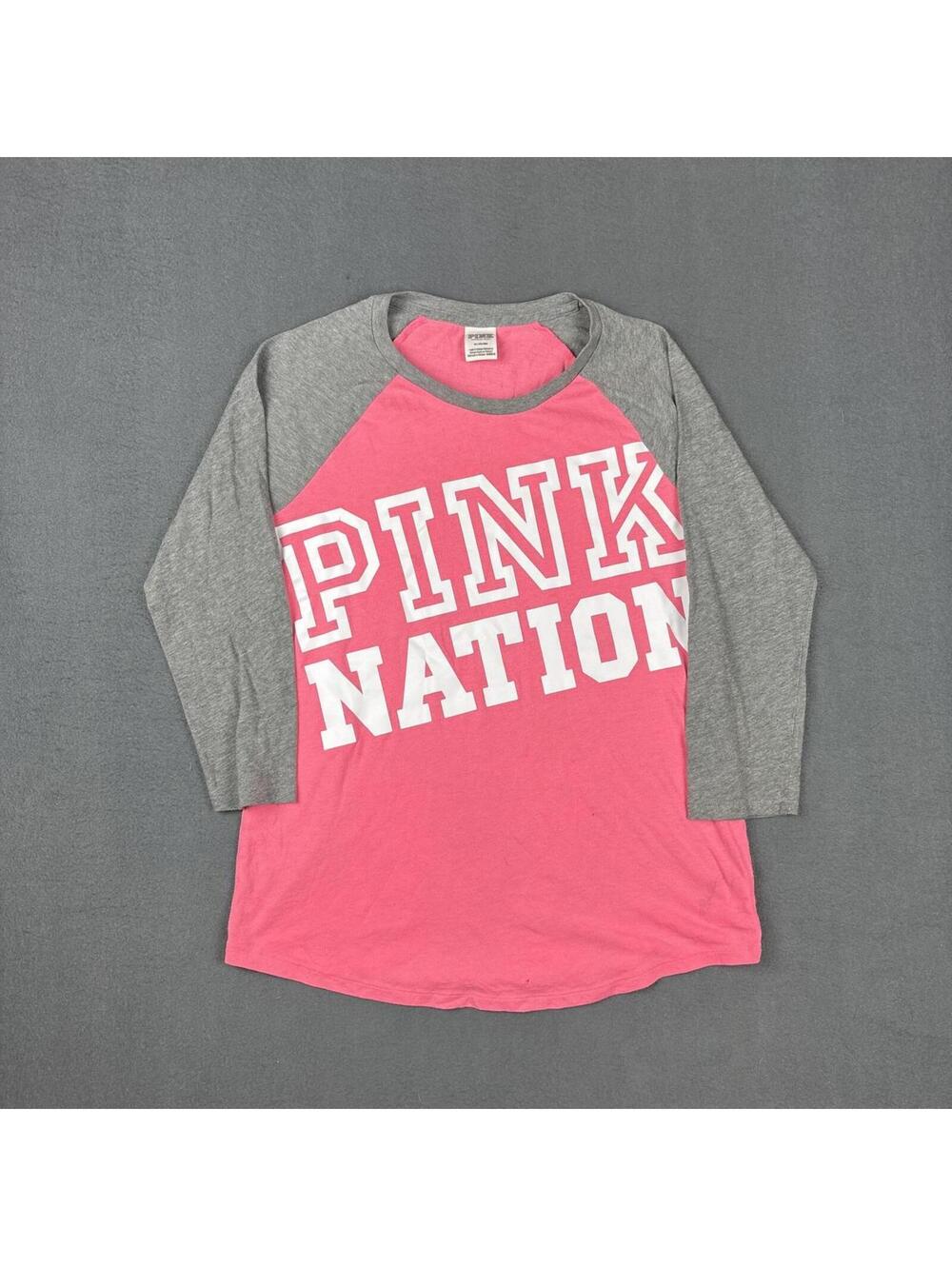 PINK Victoria's Secret Pink Nation Raglan Baseball Tee Hot Pink Grey Women's M
